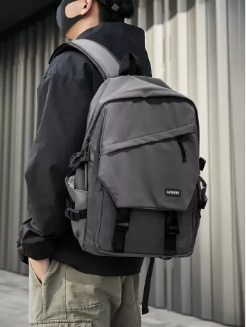 Men Letter Patch Decor Travel Backpack - Dark Grey